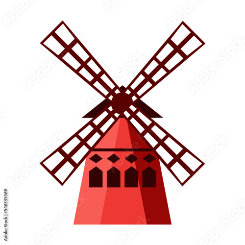 Traditional wooden windmill. Colorful symbol of France. Cartoon vector illustration. France, culture concept