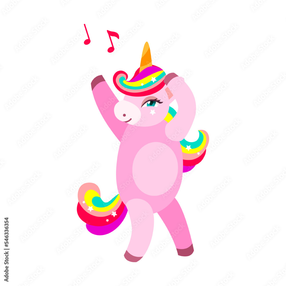 Naklejka premium Adorable unicorn dancing to music, cartoon character vector illustration. Drawing of magical horse with rainbow hair isolated on white background. Magic, fantasy concept