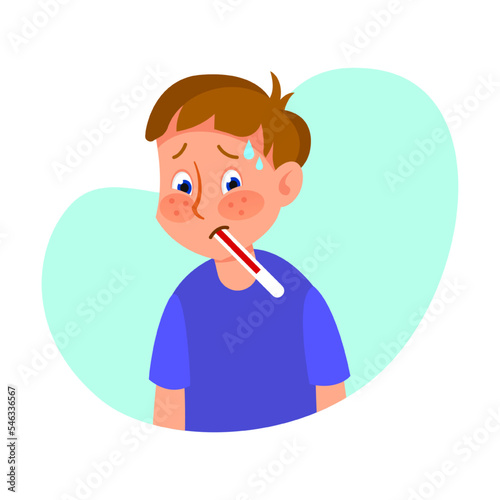 Ill boy with flu or cold flat vector illustration. Cartoon kid with symptoms of cold disease isolated on white background. Health, disease concept