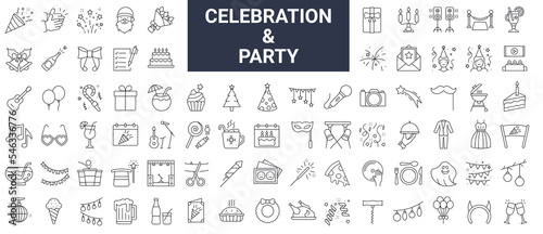 Set of 80 celebration, event, party line icons. Editable stroke. 