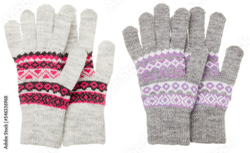 Gray knitted gloves with geometric ornament isolated on white background