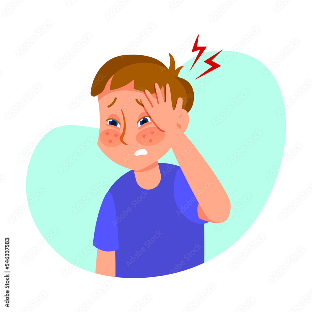 Ill boy with with headache symptoms or cold flat vector illustration. Cartoon kid with symptoms of flu isolated on white background. Health, disease concept Ill boy with with headache symptoms or cold flat vector illustration. Cartoon kid with symptoms of flu isolated on white background. Health, disease concept