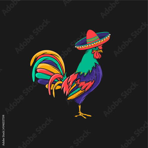 Colorful chicken with Mexican sombrero. Vector clip art illustration with simple gradients. All in a single layer.