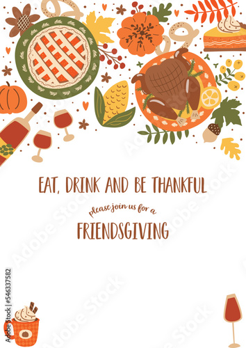 Thanksgiving party invitation template with thanksgiving dinner turkey, pumpkin pie, food, table setting design. Cute autumn festival flyer decorated fall leaves, pumpkin vector illustration, poster.