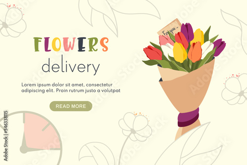 Bouquet of tulips with romantic message from the addressee. Floristic service, fast flowers delivery. Decoration and ordering flower composition. Vector flat illustration for gift, online order