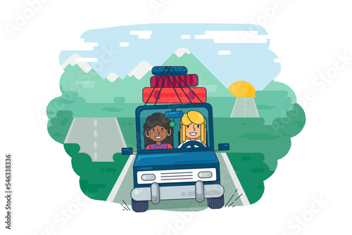 Girl friend traveling in car transport vector