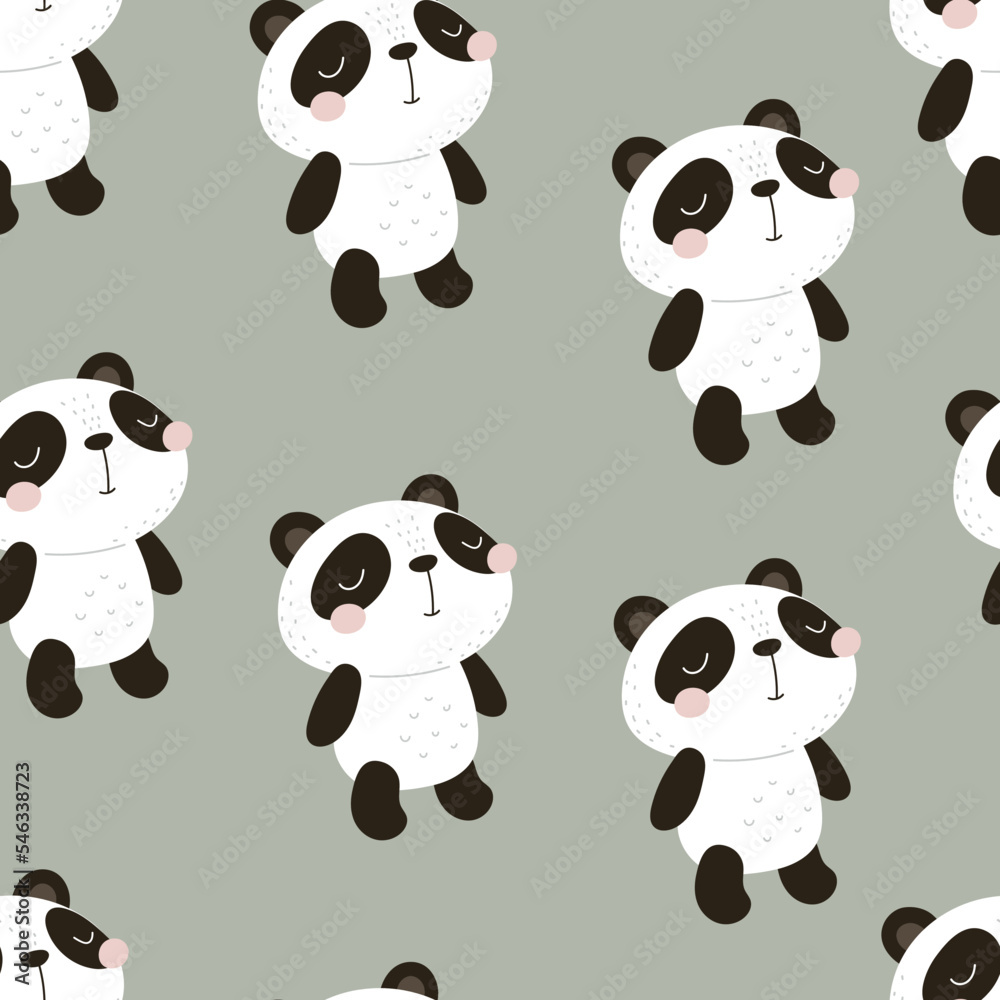 Obraz premium Seamless pattern with cartoon pandas. colorful vector for kids. hand drawing, flat style. baby design for fabric, print, textile