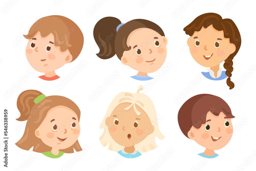 Boys and girls with happy faces vector illustrations set. Facial expressions of cartoon children, kid characters smiling isolated on white background. Childhood, emotions concept Boys and girls with happy faces vector illustrations set. Facial expressions of cartoon children, kid characters smiling isolated on white background. Childhood, emotions concept
