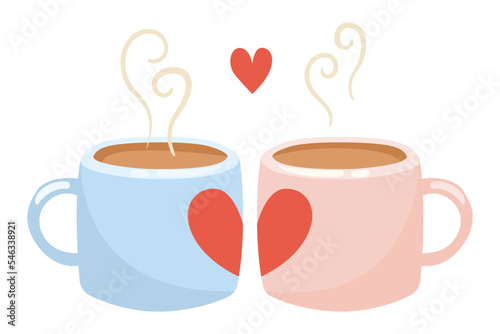 Blue and pink coffee mugs with steam vector illustration. Heart above hot drinks in cups, tea or hot chocolate isolated on white background. Beverage, coffee shop, coziness concept