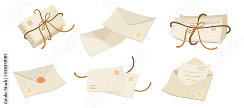 Tied letters with postage stamps vector illustrations set. Closed and open envelopes with paper isolated on white background. Post, mail, communication, correspondence, delivery service concept