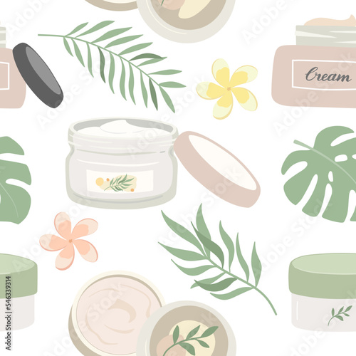 Seamless pattern with natural cosmetics, cream and tropical leaves. Skin care products flat vector illustration