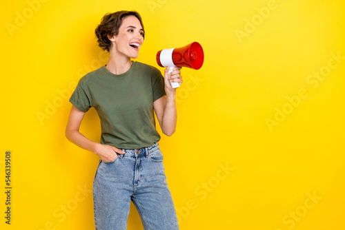 Photography Photo of positive pretty lady look empty space announces black friday sale low p