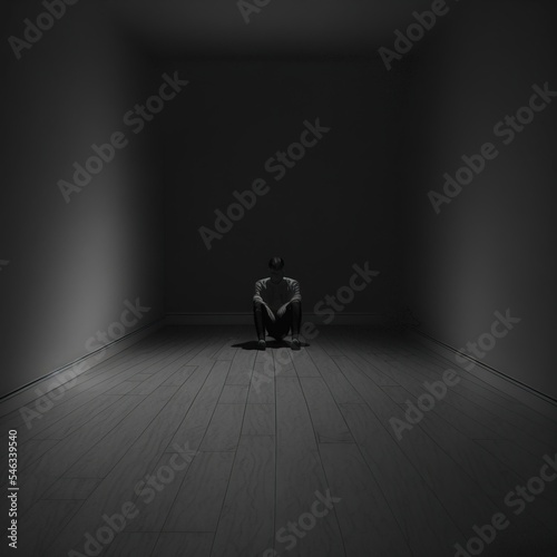 Lonely man sits in a dark room. Made by AI.