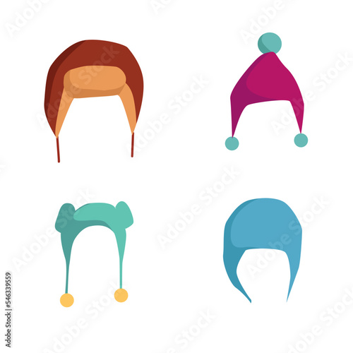 A set of winter hats. A collection of bright wool knitted autumn-winter hats. Knitted accessories for autumn clothes for cold seasonal weather, illustration for printing. Vector cartoon illustration.