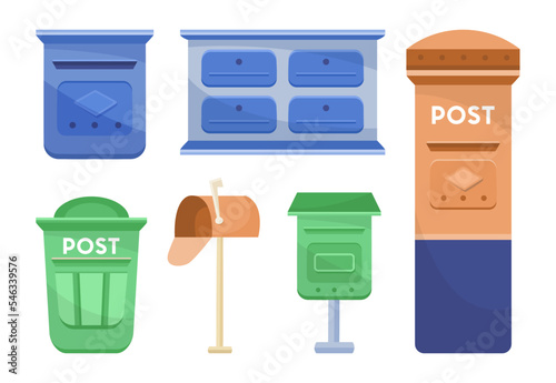 Different vintage metal letterboxes vector illustrations set. Postboxes or mailboxes for sending letters isolated on white background. Mail, communication, correspondence, delivery service concept
