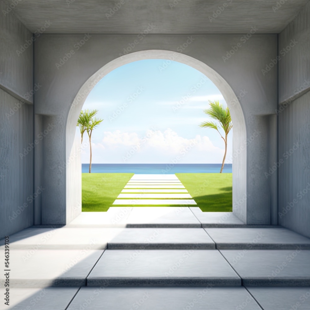Concrete floor terrace and white ventilation block wall in luxury hotel or beach house. 3d rendering of arch gate near green grass lawn with sea view. High quality illustration