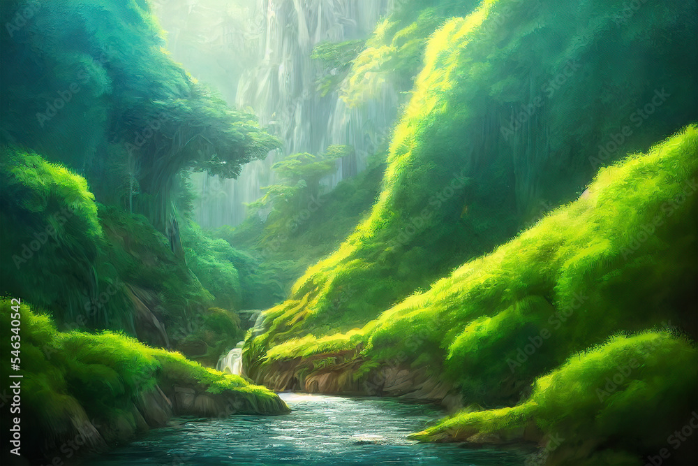 waterfall in the forest in ghilbli style waterfall in the forest in ghilbli style