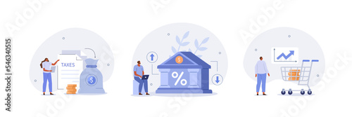 
Public finance illustration set. Central bank conduct monetary or fiscal policy to control interest rate and reduce inflation. Characters integrating with government institutions. Vector illustration