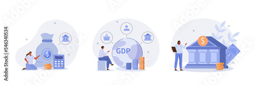 Public finance illustration set. Characters integrating with government institutions. Central bank, federal budget and GDP statistics concept. Vector illustration. 