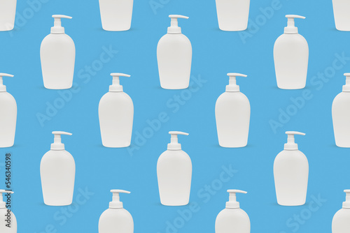 white plastic bottle with dispenser on a blue background  seamless pattern.