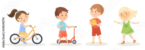 Kids children doing outdoor activities vector illustrations set. Girls with bicycle and rollerblades, boys with scooter and ball. Childhood, entertainment, leisure, transportation concept