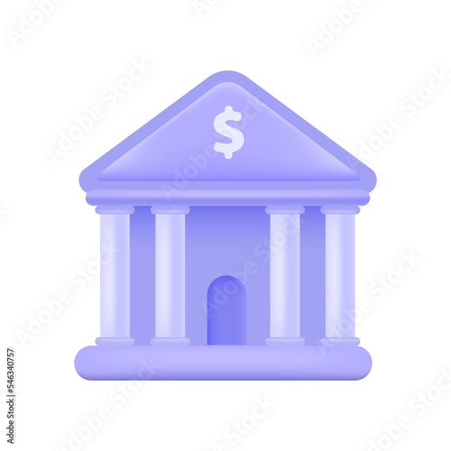 Purple bank model 3D icon. Front view of commercial building with Greek columns and dollar sign in exterior 3D vector illustration on white background. City architecture, banking, finance concept