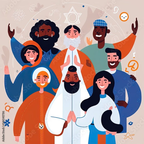 Multicultural team flat 2r illustrated illustration. Unity in diversity. People of different nationalities and religions cartoon characters. Multinational society. Teamwork, cooperation, friendship photo