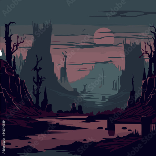 Grim dark and sombre fantasy castle. Vector art of evil mysterious haunted landscape. Ominous wicked magical place. Sinister building. Architecture of death. Vector illustration of creepy building