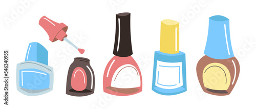 Bottles of colorful nail polish vector illustrations set. Collection of products for painting nails  bottles with caps or brushes isolated on white background. Beauty  fashion  manicure concept