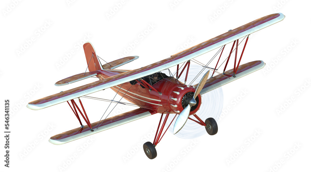 Flying red biplane light aircraft 3D illustration of airplane - obrazy, fototapety, plakaty 