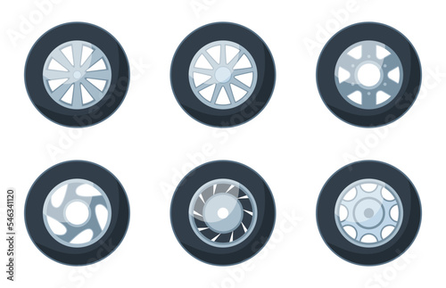 Different types of wheels for cars vector illustrations set. Collection of cartoon drawings of tire with different wheel discs isolated on white background. Transportation, repair service concept
