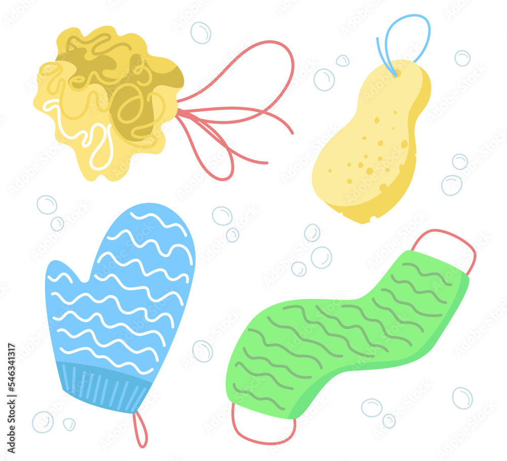 Different colorful sponges for shower vector illustrations set. Accessories or products for bath and bubbles isolated on white background. Hygiene, accessories, beauty, relaxation concept