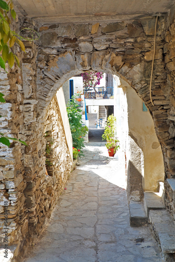 Obraz premium One of the charms of the Greek islands of the Cyclades, in the heart of the Aegean Sea, are the narrow streets lined with white houses with their cobbled stairs and their small flowered balconies