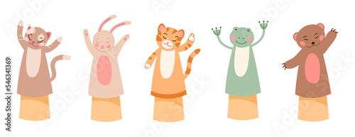 Cute animal characters as hand puppets vector illustrations set. Adorable comic cat, bunny, tiger, frog and bear dolls or toys isolated on white background. Entertainment, childhood concept