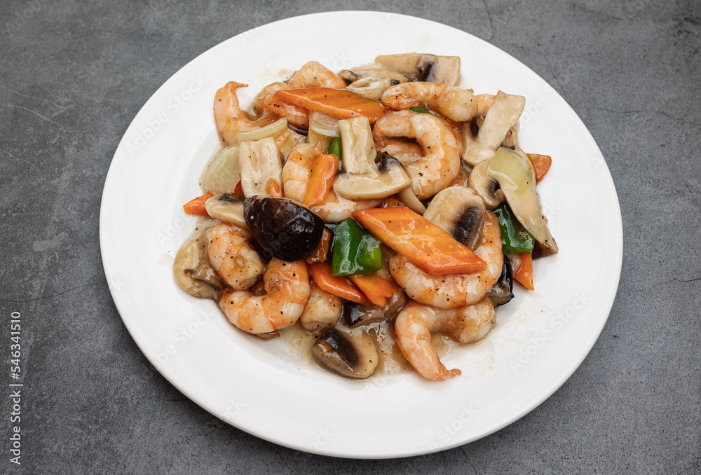 Top view of an oriental dish of Chop Suey with prawns Top view of an oriental dish of Chop Suey with prawns