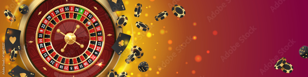 Banner with Golden casino roulette, wheel with flying black poker chips, tokens, playing cards, dices, around on red background with lights, bokeh. Vector illustration for design, advertising. Banner with Golden casino roulette, wheel with flying black poker chips, tokens, playing cards, dices, around on red background with lights, bokeh. Vector illustration for design, advertising.