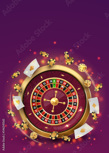 Сasino roulette with gold poker chips, tokens, white playing cards, dices, around, on purple background with golden lights, glare, sparkles. Vector illustration for casino, game design, advertising.