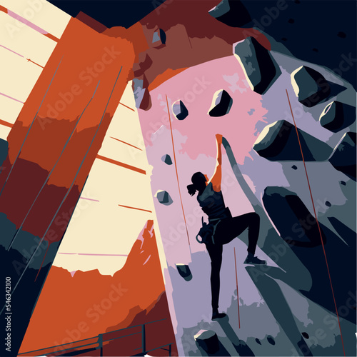 Woman climbing a boulder inside in a climbing gym. Vector illustration. Climber exercising indoor. Strong young lady athlete. Flat cartoon of healthy fitness lifestyle. Wall training. Challenge.