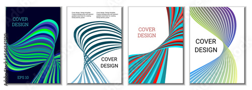 A set of 4 abstract covers. Wavy parallel gradient lines, ribbons evolve. Cover design, background. Trendy banner, poster.