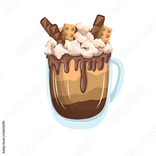 corporate postcard for coffee bar. Cappuccino or Frappuccino in a glass. Hand drawn vector illustration. Winter drink with cream and spices
