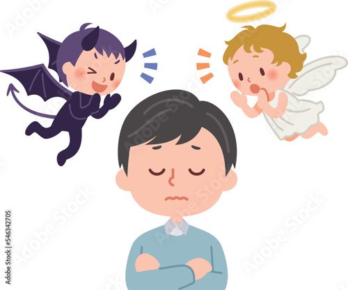 天使と悪魔に囁かれて考え込む男性