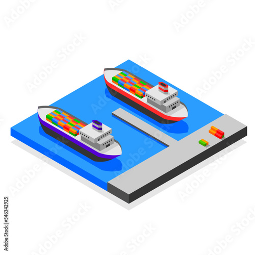 isometric design port and 2 cargo ships. for logistics transportation
