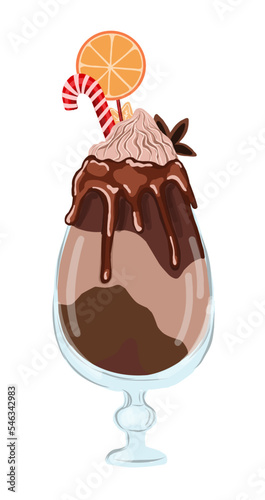 corporate postcard for coffee bar. Cappuccino or Frappuccino in a glass. Hand drawn vector illustration. Winter drink with cream and spices