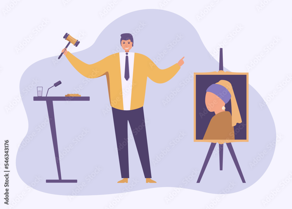 Fototapeta premium Man auctioneer hold gavel and sell painting at auction