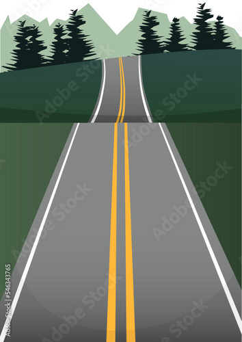 Gray road with two yellow stripes in perspective and behind mountains and forest