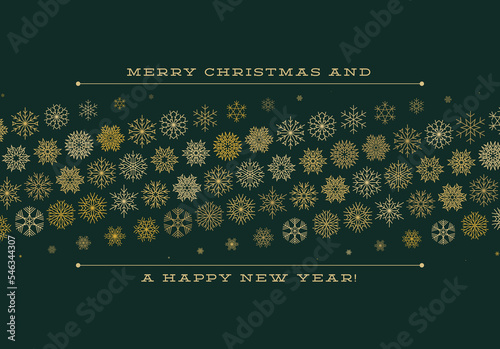 Christmas card with strip of gold and silver snowflakes with Merry Christmas and Happy New Year holiday greetings.