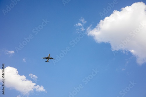 Photography Beautiful Panoramic Background with flying plane in blue sky