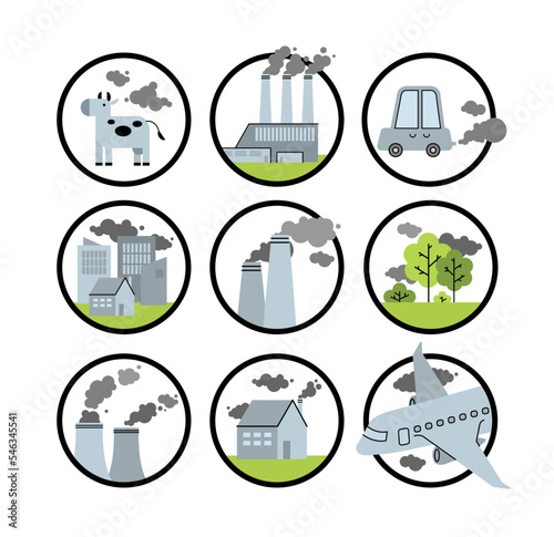 CO2 carbon gas emission sources flat vector icon set isolated on white. Different greenhouse gas scopes produced by transportation, manufacturing, agriculture and human living. Stop global warming.