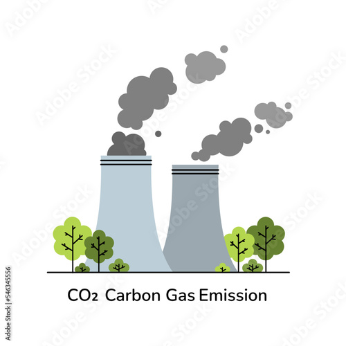 Power station generates co2 carbon gas fumes flat vector illustration. Greenhouse effect, global warming, climate changes, air pollution concept. Green energy, nuclear power station electricity.