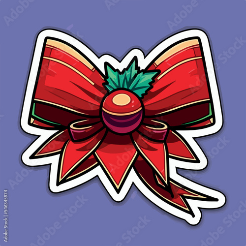 Christmas bow cartoon sticker, xmas bows stickers with ornament. Winter holidays